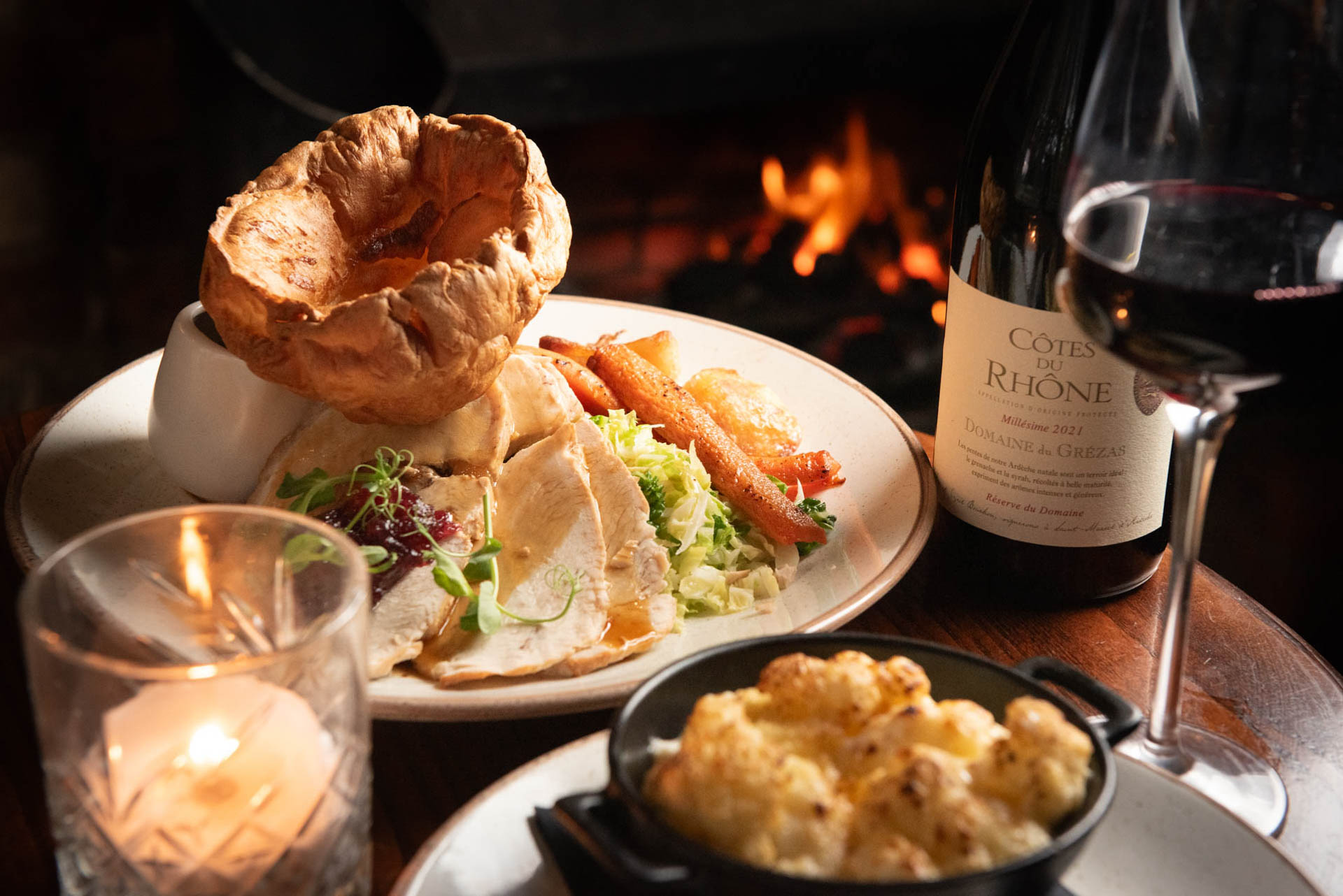 Fine Dining - Gourmet roast dinner by fireplace